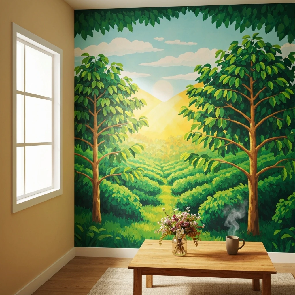 Warm coffee nook with neon sign and painted panel wall