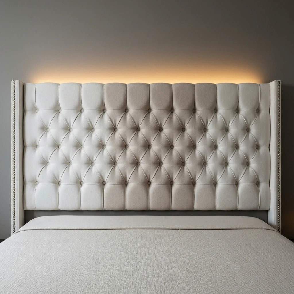 Tufted headboard with framed city art